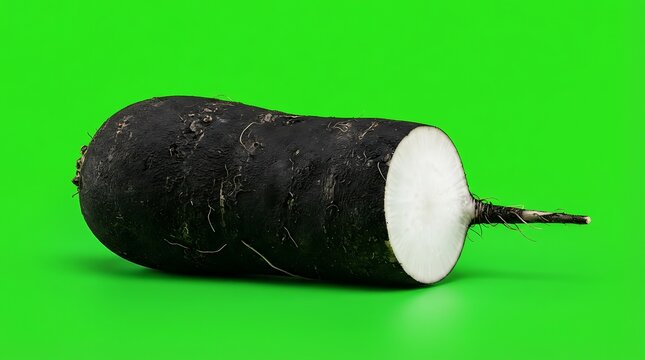 A single raw black radish cut in half isolated on a vibrant green background