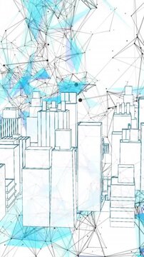 Animation of network of connections over spinning 3d city model against white background