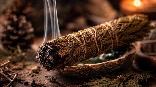 Sage bundle with smoke near pinecones and candle in a rustic setting  