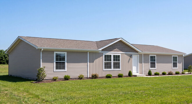 Exterior view of single story manufactured modular house with beige vinyl siding and front steps set on spacious green grass lawn under clear sky