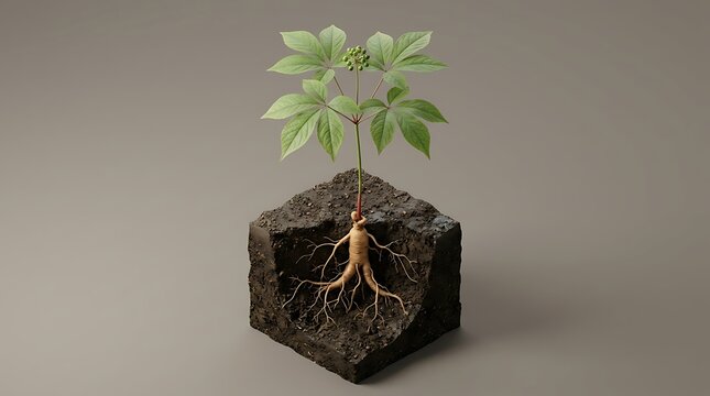 A detailed 3d render of american ginseng plant growing out of a cross-section cube of soil showing the complex root system and green medicinal leaves