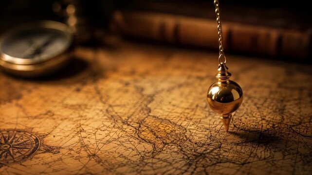 Antique pendulum swinging over an old map with compass and books  