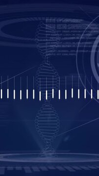 Animation of financial data processing over dna strand on black background