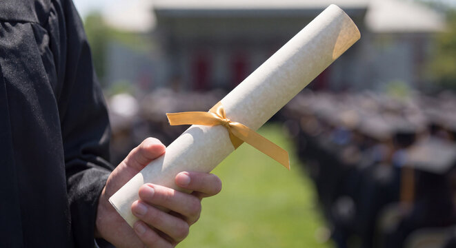 Close-up of a student in a black academic gown holding a rolled paper diploma tied with ribbon during a college graduation commencement ceremony.
