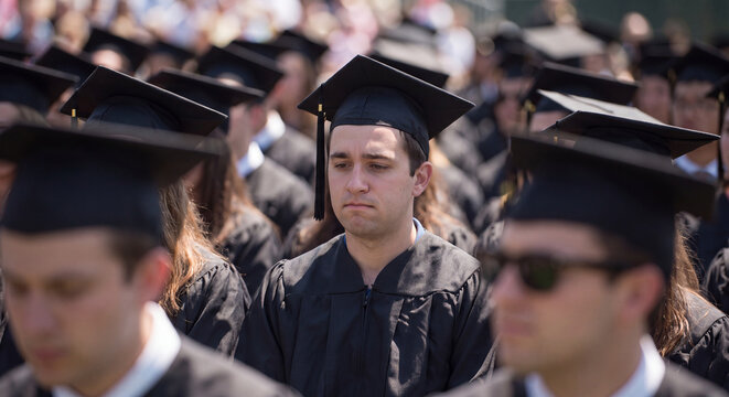 Young male university students wearing black mortarboards and robes listening attentively in a crowd during outdoor college graduation ceremony.