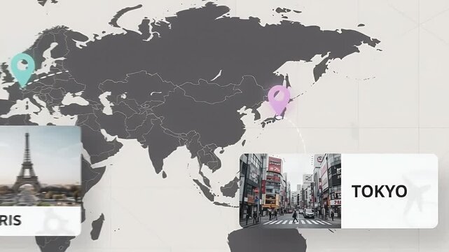 Global Map with Paris Location Pin and Eiffel Tower Icon
