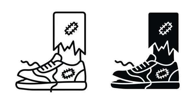 Broken sneaker and torn pants with patches icon set representing poverty homelessness financial struggle worn out clothing and economic hardship