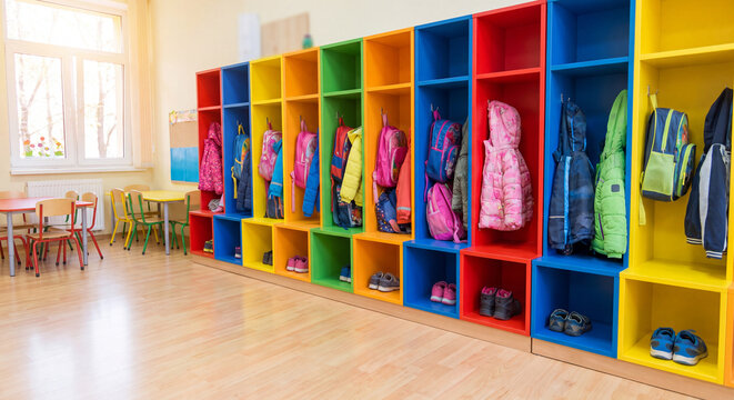 Spacious preschool corridor featuring rows of bright colorful lockers filled with hanging children coats and jackets illuminated by natural sunlight from window