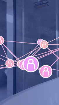 Network of connected user icons animation over modern bathroom background