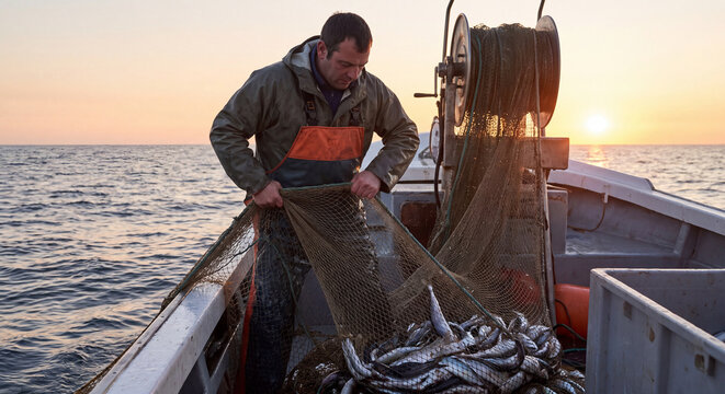 A hardy male commercial fisherman wearing waterproof oilskin overalls hauls in a heavy fishing net overflowing with fresh fish aboard a boat on the open sea