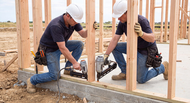 Two construction carpenters wearing hardhats and safety gear assemble wooden stud wall framing of a new house using a pneumatic nail gun and measuring tools