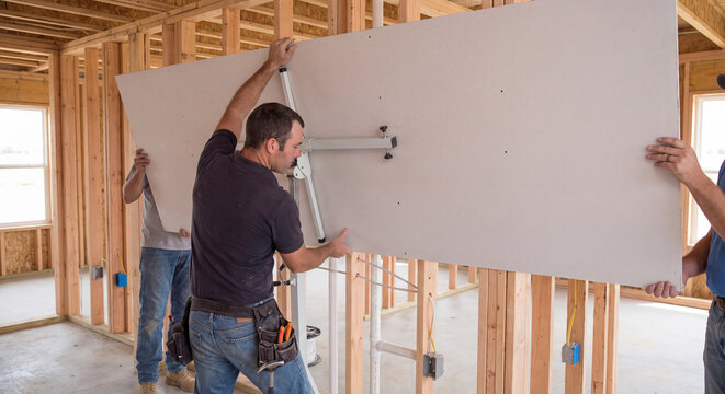 A male drywall installer carefully lifts and positions a large white gypsum plasterboard sheet onto timber wall studs inside an interior room renovation