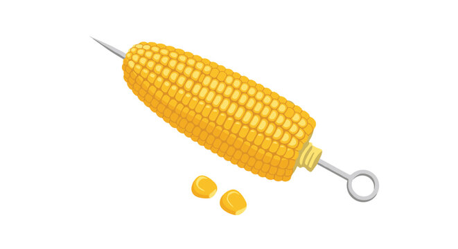 Golden corn on the cob served on a metal skewer with loose kernels below for summer barbecue and healthy vegetable food concepts.