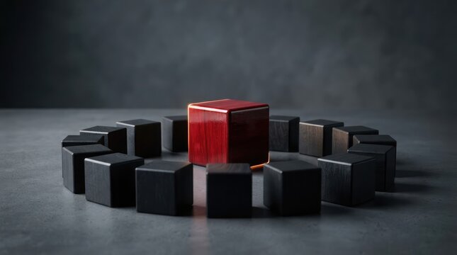 A unique red cube standing out from a surrounding circle of identical black blocks representing leadership individuality and strategic difference