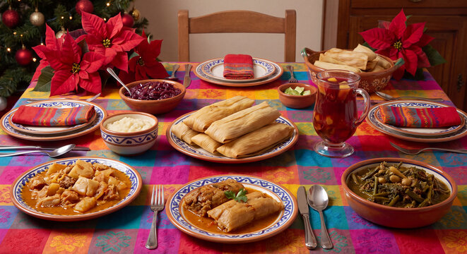 A colorful festive dinner table set with traditional holiday tamales beans poinsettia plant and hot fruit punch for authentic Christmas celebration