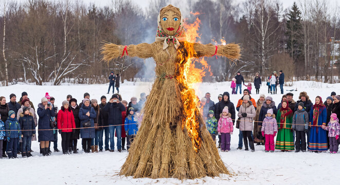 A crowd of people standing outdoors on snow watching the burning of a traditional straw doll effigy to celebrate the Maslenitsa winter festival