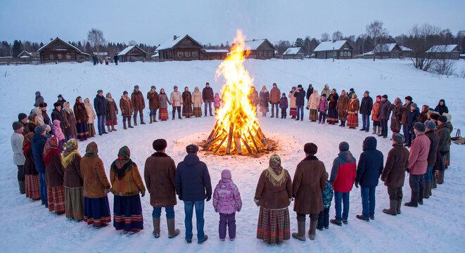Wide panoramic view of crowd of people holding hands forming massive circle around tall burning bonfire in snowy field celebrating Maslenitsa festival
