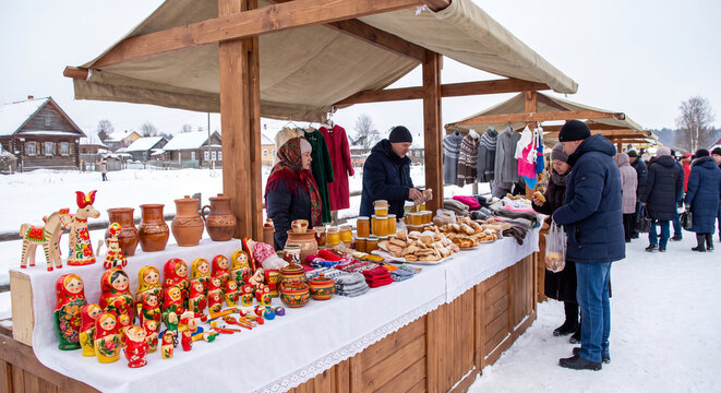Wooden market stall covered with traditional painted handicrafts samovars and baked treats attended by vendors and visitors during winter folk festival