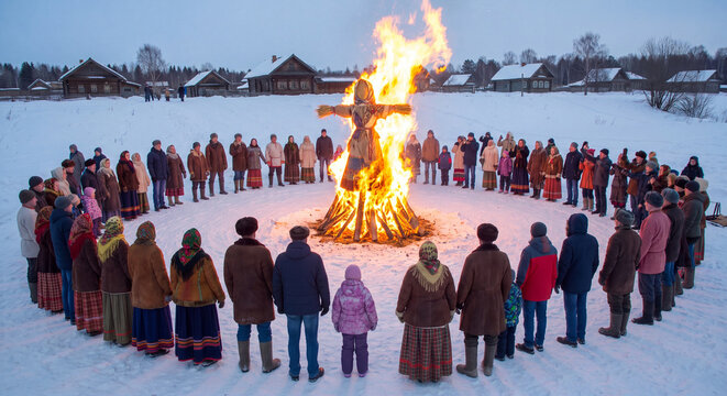 Large group of people dancing in circle around tall blazing effigy bonfire burning in snowy field during traditional farewell to winter celebration