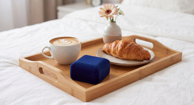 Wooden serving tray on white bed sheets with hot coffee croissant small vase of flowers and a closed blue velvet jewelry box