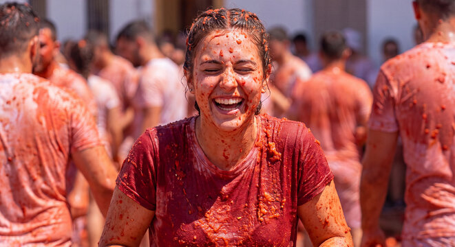 Portrait of a cheerful young woman smiling while completely covered in crushed tomato puree during the lively Tomatina festival