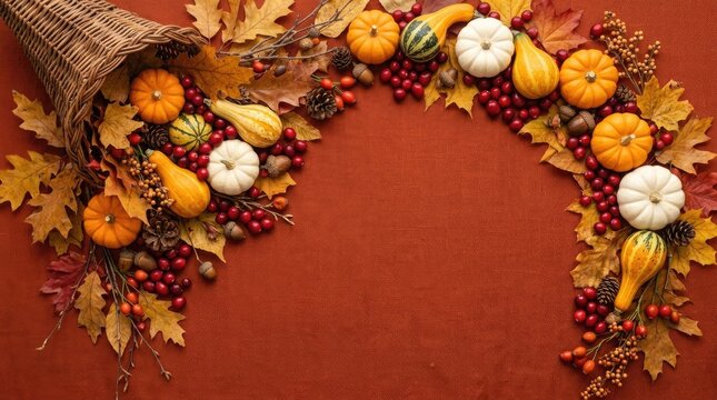 A festive thanksgiving cornucopia overflowing with colorful autumn pumpkins gourds and seasonal fall leaves on a rustic dark brown background