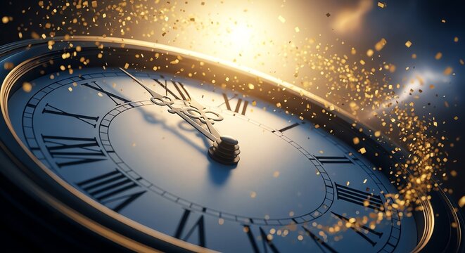 Classic roman numeral clock face closeup with floating golden particles in dramatic warm lighting for countdown celebration concept