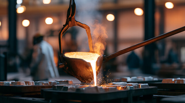Industrial metal casting process in modern factory foundry with glowing molten steel liquid pour into mold for manufacturing heavy product