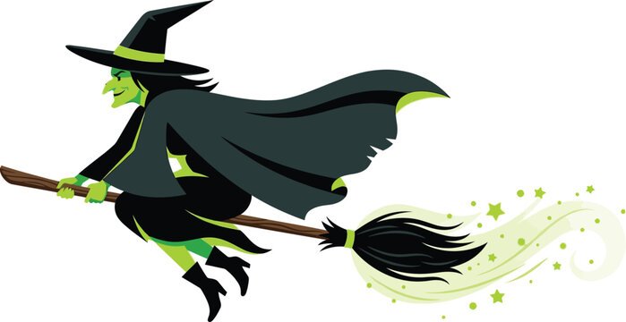 Wicked green witch wearing a pointed hat flying on a wooden broomstick illustration for halloween design