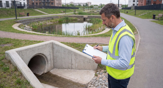 An engineer wearing a high visibility safety vest inspects a concrete culvert pipe outlet and stormwater drainage system near a green park retention pond area