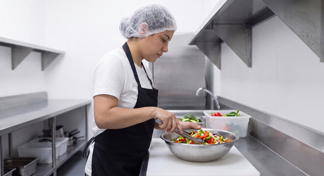 A kitchen worker wearing protective hairnet and apron tosses a vibrant mixed vegetable salad in a large metal bowl in a kitchen