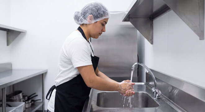 A restaurant staff member washes hands and cleans utensils over a stainless steel deep basin sink in a professional kitchen