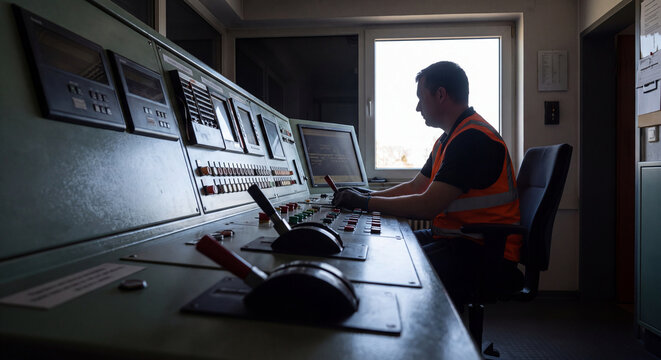 Professional railway controller sitting inside station control room monitoring train traffic operations on the console and computer screen