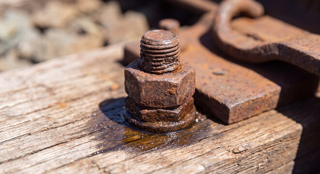 Detailed view of an old rusted metal screw and bolt fastened onto a wooden railroad sleeper supporting heavy steel train tracks along an outdoor rail line