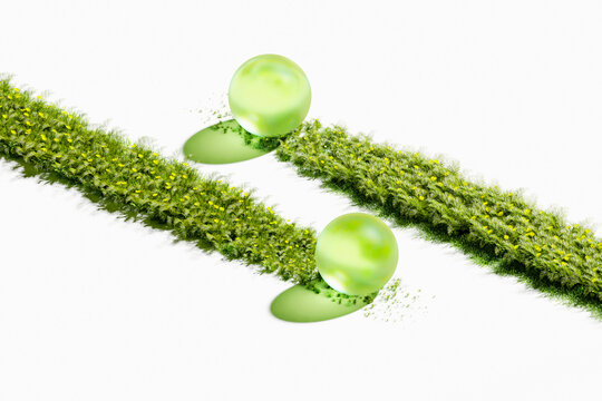 Two glass spheres on parallel grass rows sustainable environmental