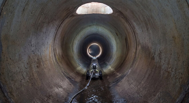 Interior shot of an underground concrete drainage conduit during joint sealing and structural grouting showing smooth pipe walls and drainage floor