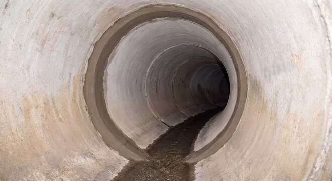 Symmetrical view down a newly lined round concrete stormwater pipe culvert showing fresh mortar joint and water residue on the invert