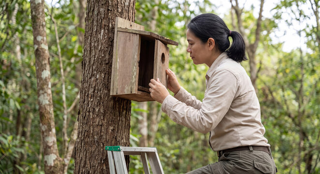Female researcher standing on step stool in woods and installing a wooden birdhouse on tree trunk to create safe nesting habitat for local wildlife