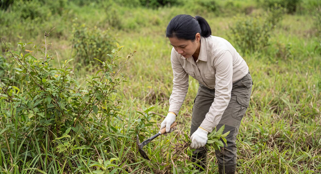 Female botanist kneeling in green overgrown field examining wild herbs and soil conditions during ecological field study on bright sunny day