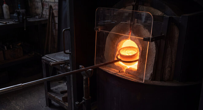 Hot glowing molten orange glass inside the chamber of a glassblower furnace with tools and heat reflecting through the open metal doorway.
