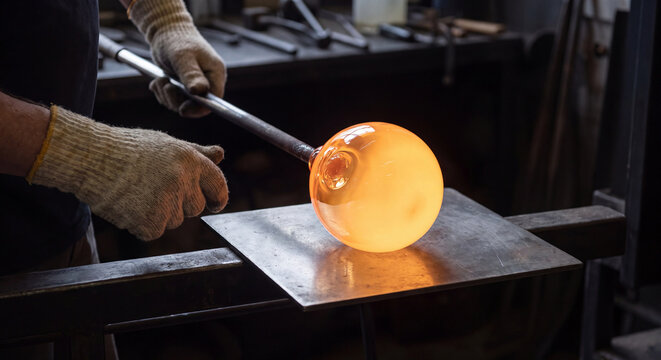 A glassblower rolls and shapes a spherical blob of bright glowing molten glass along a flat steel marver plate to cool and form its outer skin.