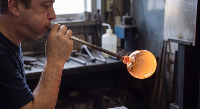 A skilled male craftsman exhales air into a long metal blowpipe to expand a hot glowing molten glass bubble inside an authentic glassblowing factory.