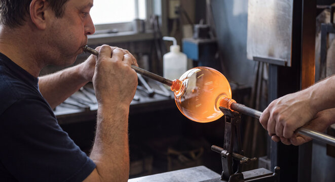 Two focused glassmakers work together in a glassblowing workshop with one blowing through a pipe while another inspects and assists in shaping the hot glass.