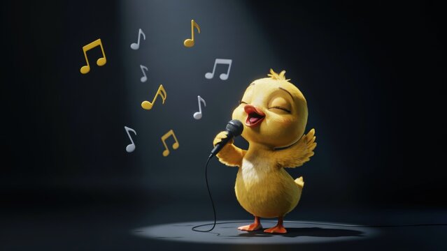 Cute yellow chick singing into a microphone