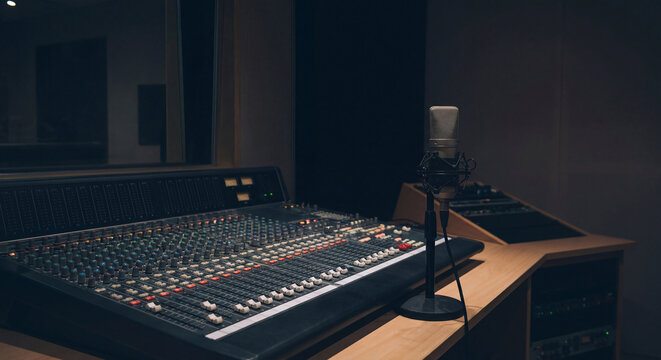 A microphone stands beside a lit mixing console in a darkened broadcast studio creating an atmospheric environment for live radio and podcasting