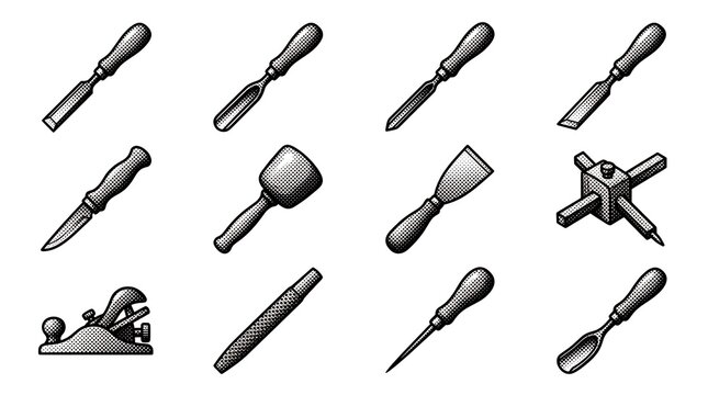 Traditional carpentry tool collection featuring chisels and rasps in black halftone art.
