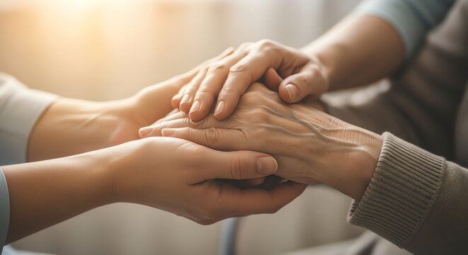 Young caregiver holding hands of elderly senior person providing comfort and support with warm soft lighting in a caring home environment