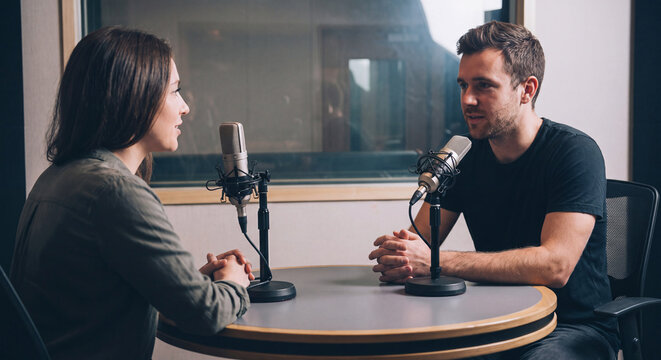 A man and a woman sit opposite each other having an engaging conversation while speaking into microphones in a professional podcasting studio