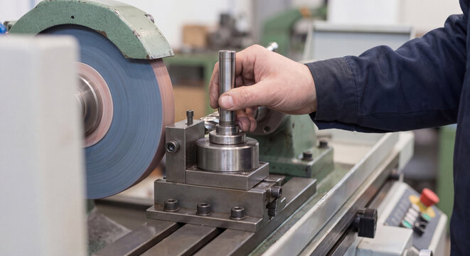 An operator uses a modern surface grinding machine to sharpen and shape a steel mechanical component in an industrial setting