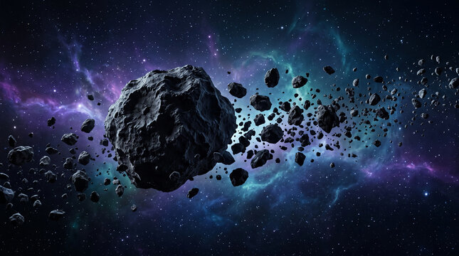 Asteroid field with nebulae and stars, symbolizing exploration, the unknown, and the vastness of space, ideal for science or travel themes.